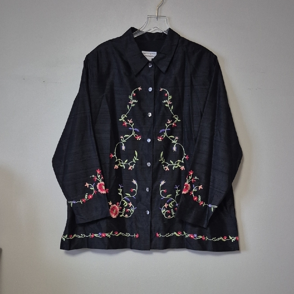 Vintage Tanjay Silk Boho Floral Embroidered Button Down Top, Size 3X